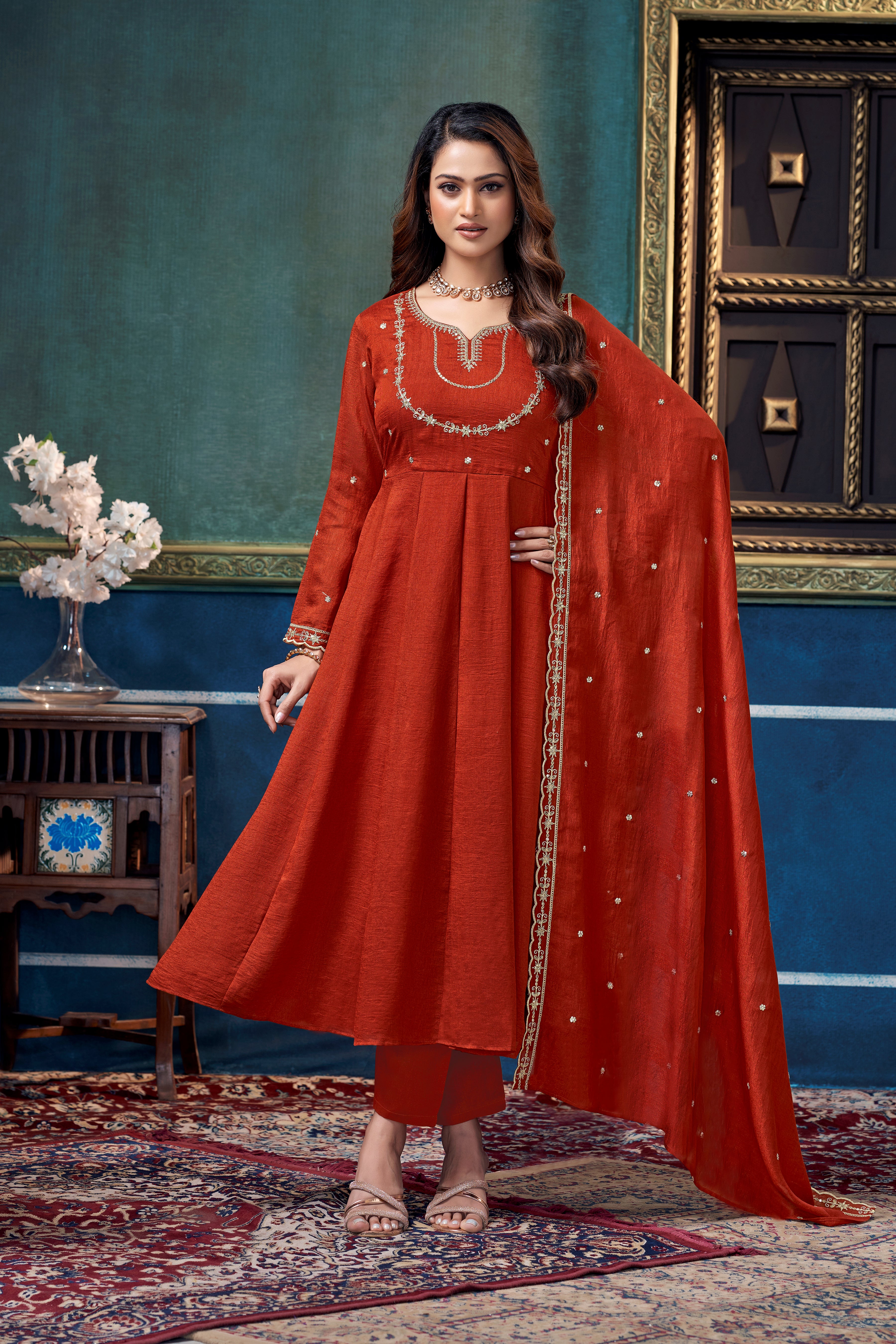 Women Ethnic Motifs Embroidered Panelled Thread Work Kurta with Trousers & With Dupatta