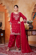 Women Designer Embroidered Kurti Set with Pant and Embroidered Dupatta