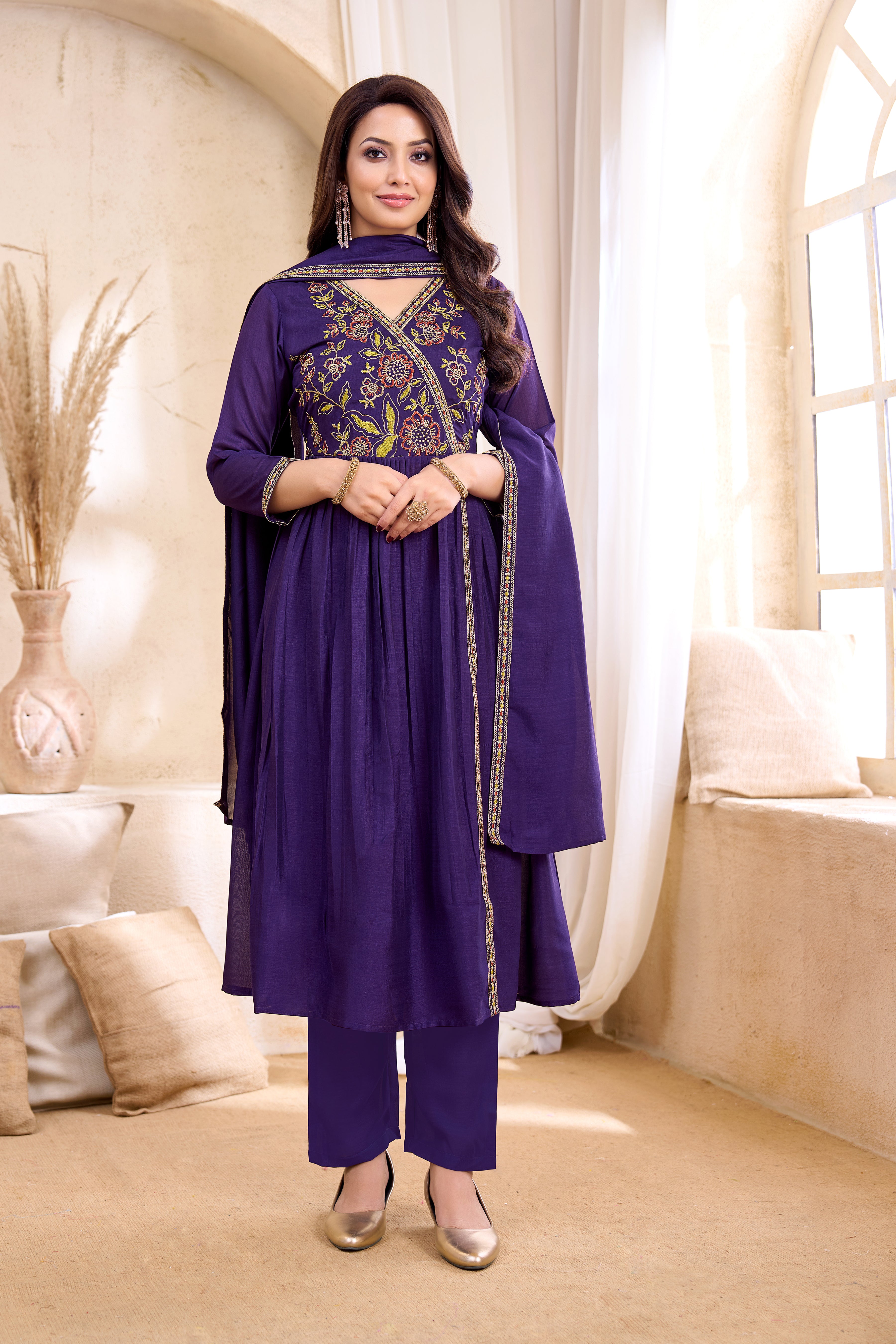 Women Vichitra Silk Angrakha Kurta Set | Embroidered Dupatta & Trouser Festive Wear