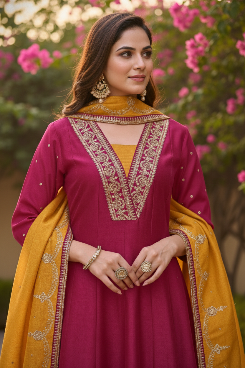 Women Designer Embroidered Anarkali Set with Pant and Printed Dupatta