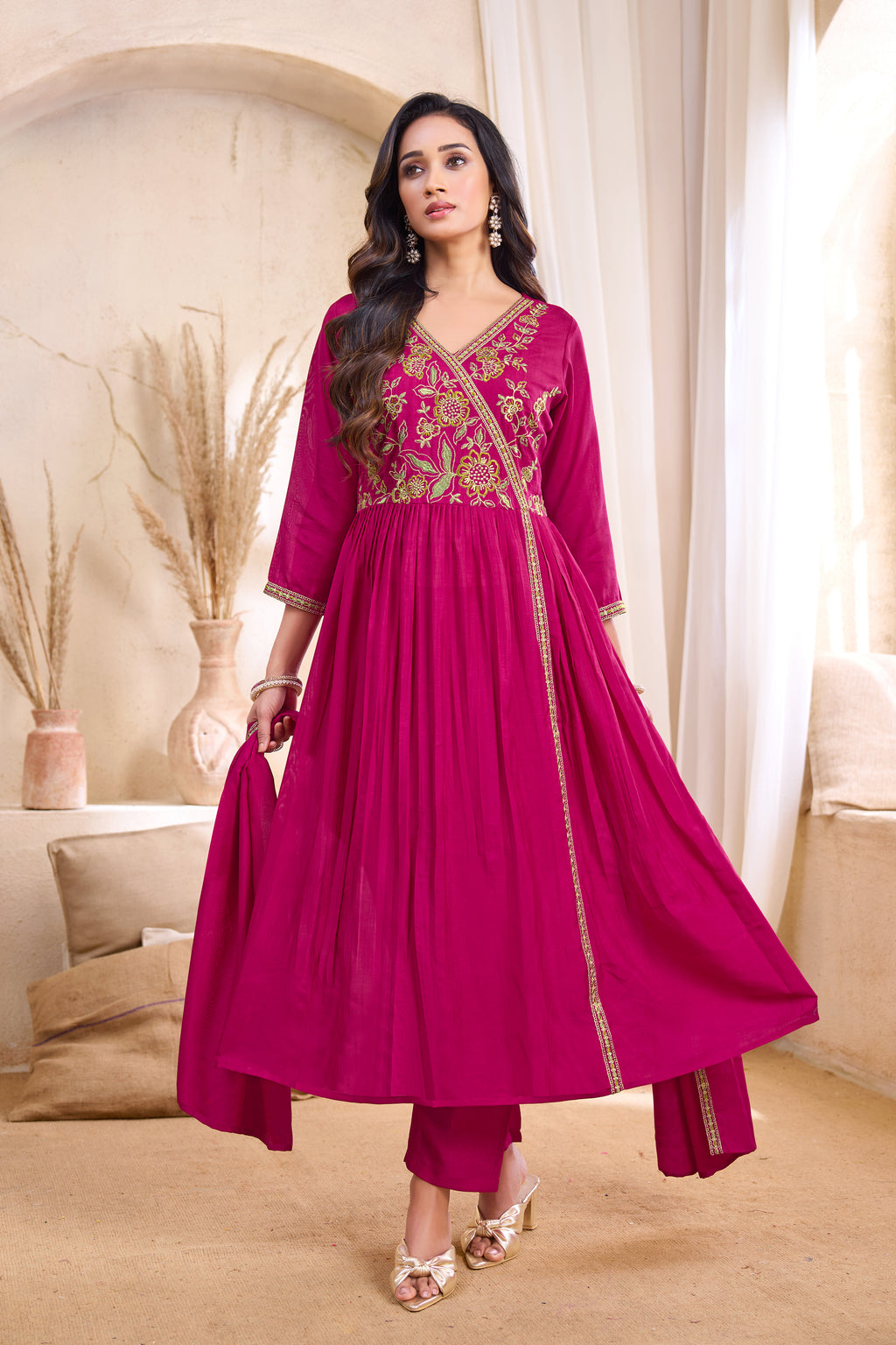 Women Vichitra Silk Angrakha Kurta Set | Embroidered Dupatta & Trouser Festive Wear