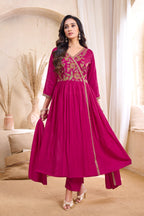 Women Vichitra Silk Angrakha Kurta Set | Embroidered Dupatta & Trouser Festive Wear