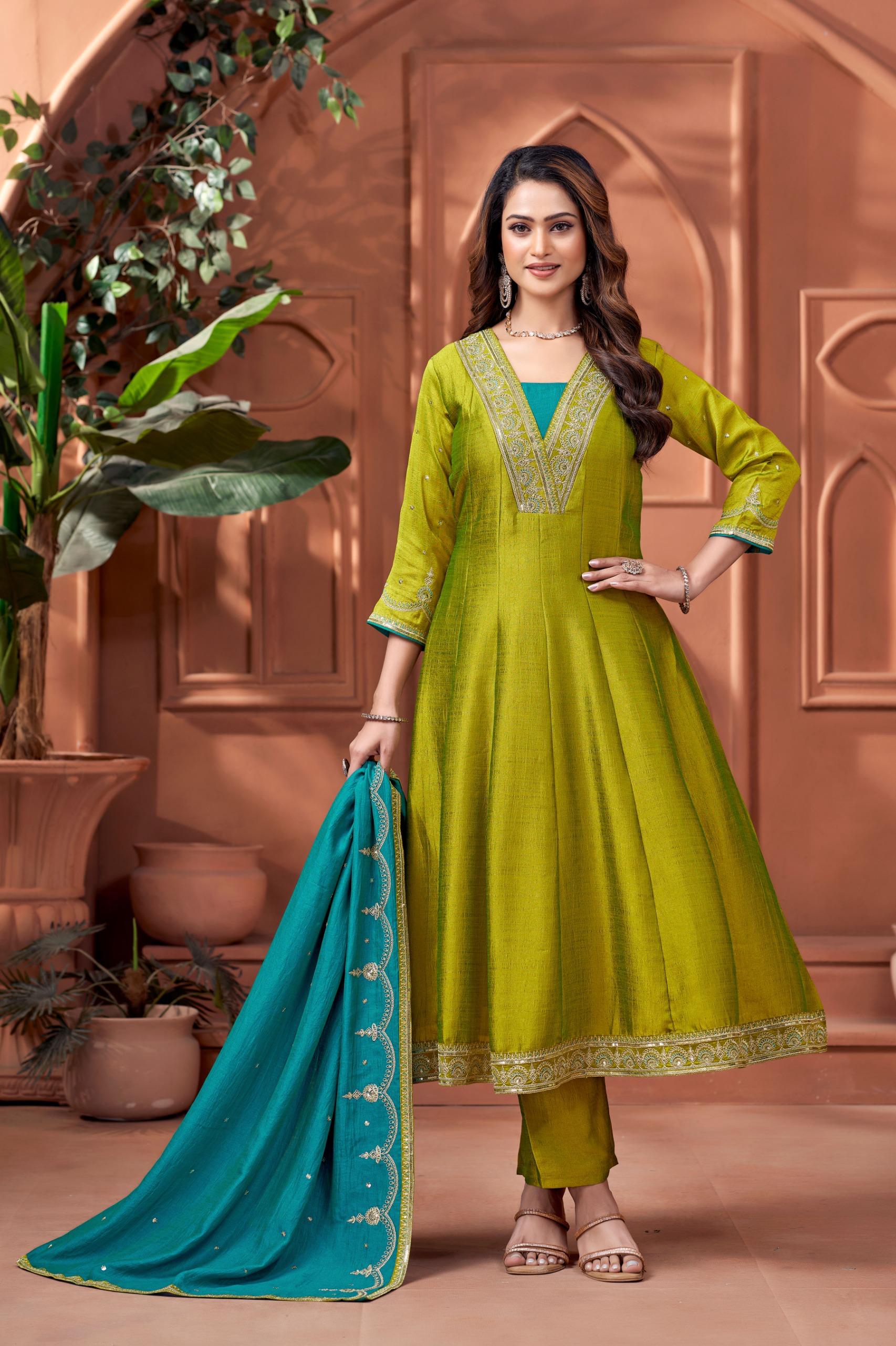 Women Designer Embroidered Anarkali Set with Pant and Printed Dupatta