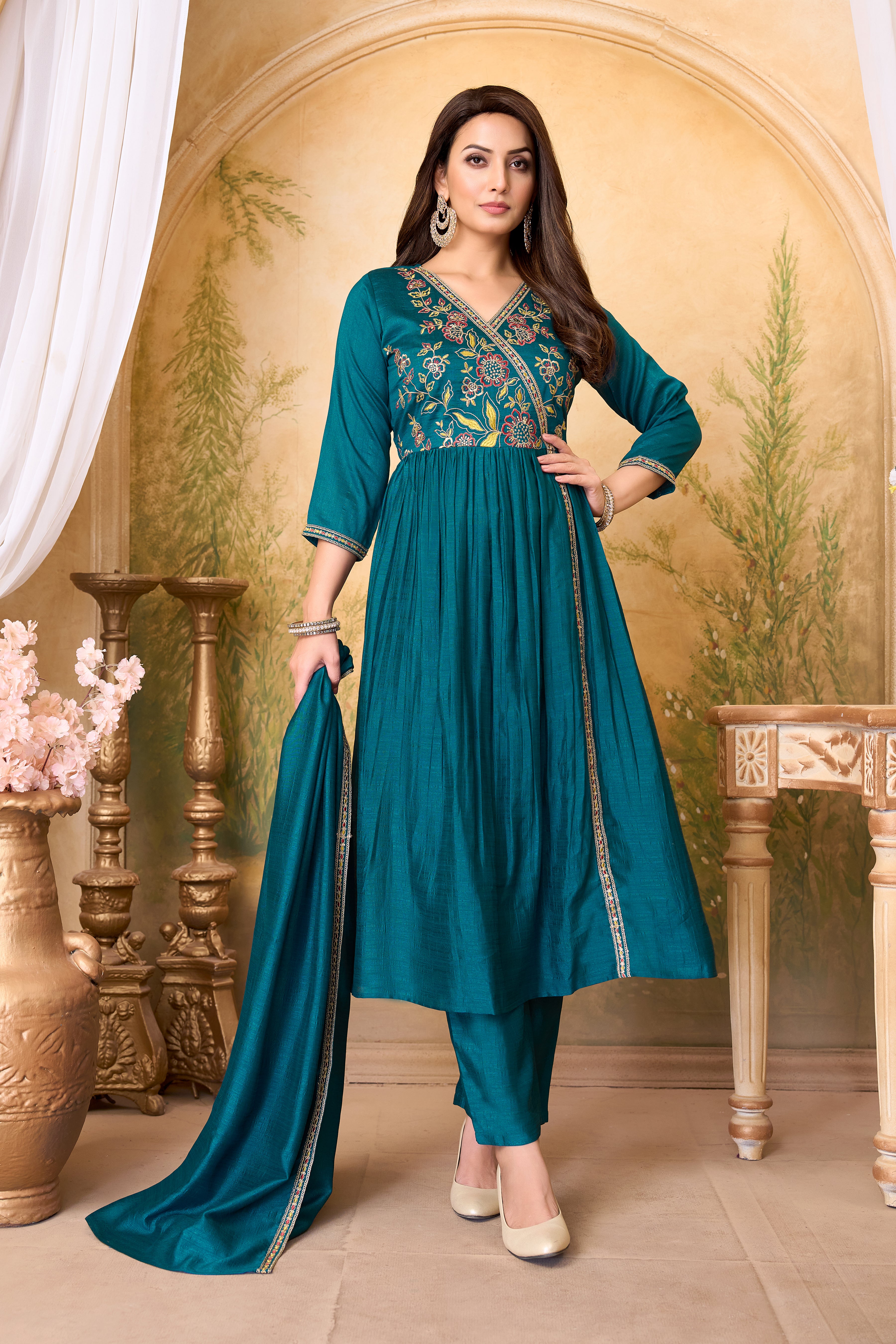 Women Vichitra Silk Angrakha Kurta Set | Embroidered Dupatta & Trouser Festive Wear