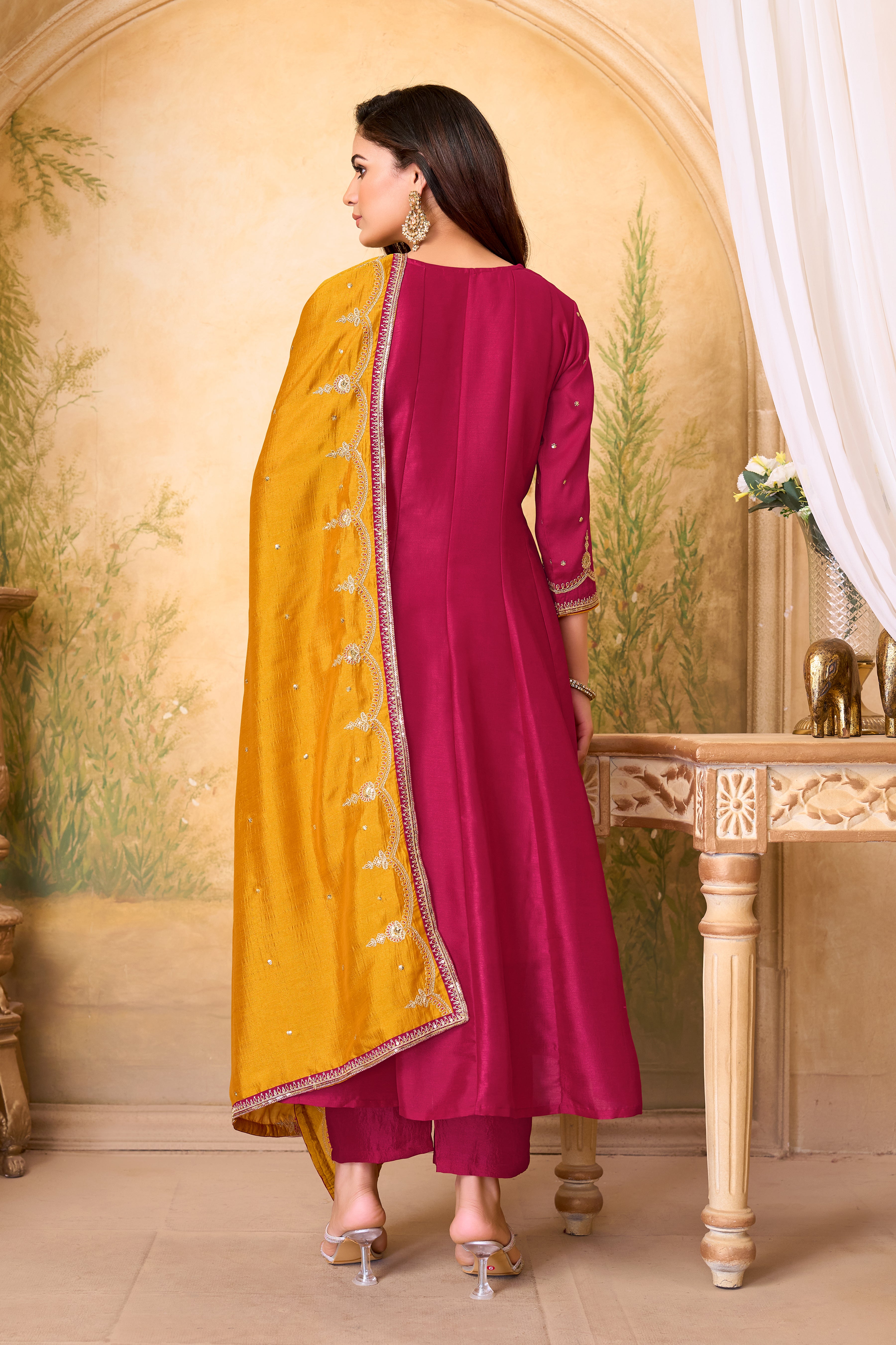 Women Designer Embroidered Anarkali Set with Pant and Printed Dupatta