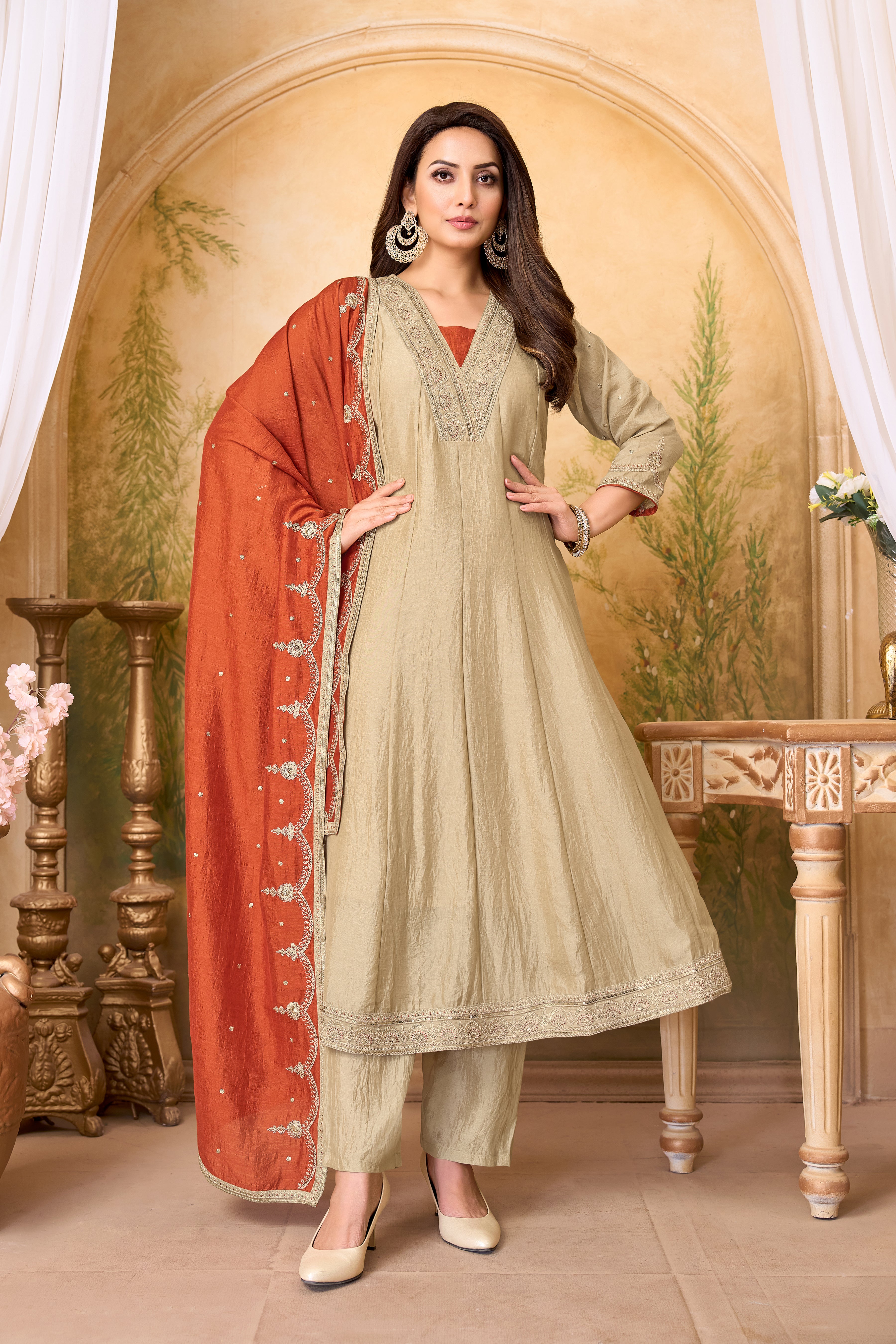 Women Designer Embroidered Anarkali Set with Pant and Printed Dupatta