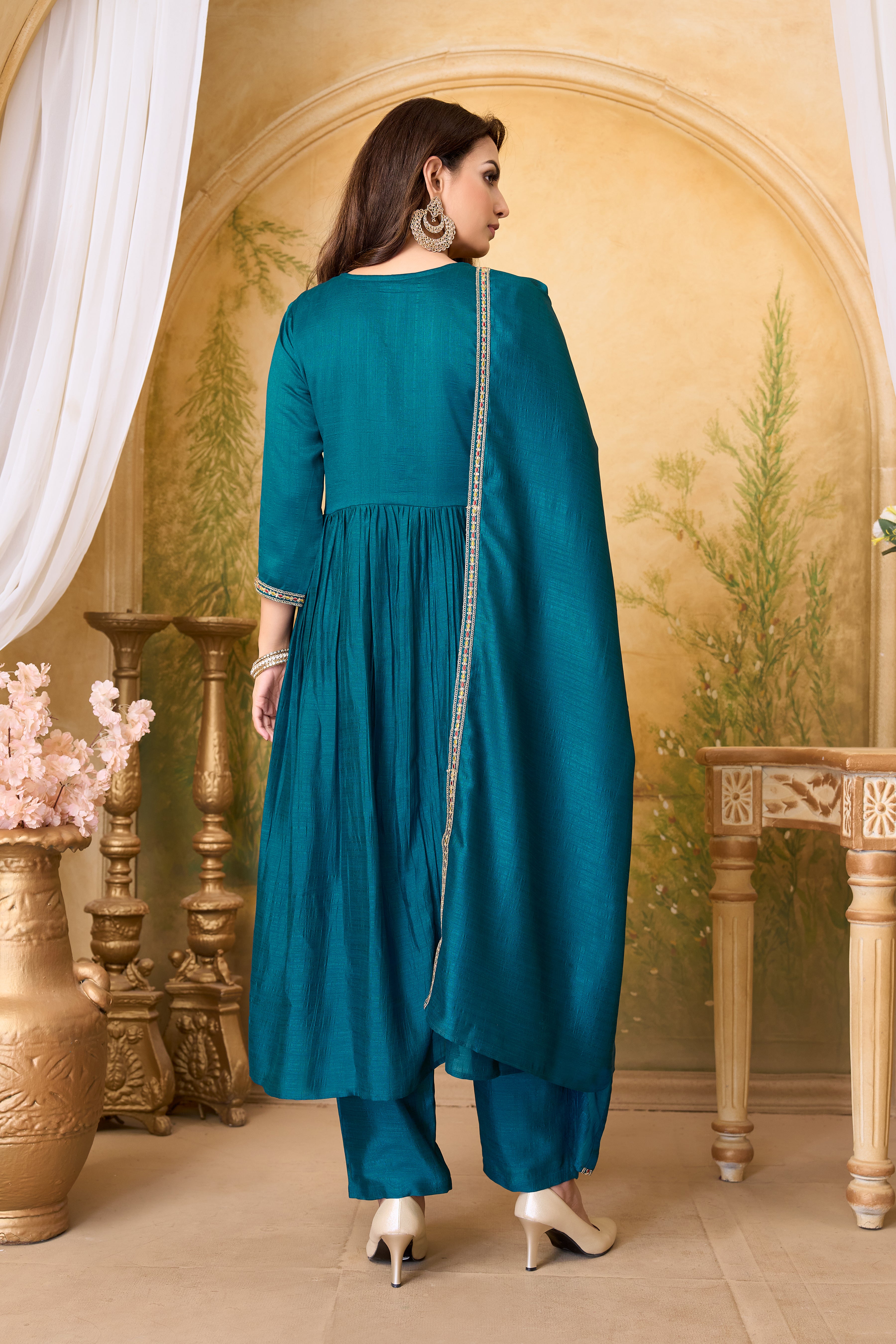 Women Vichitra Silk Angrakha Kurta Set | Embroidered Dupatta & Trouser Festive Wear