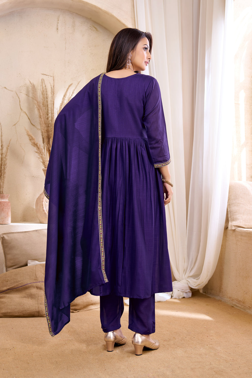 Women Vichitra Silk Angrakha Kurta Set | Embroidered Dupatta & Trouser Festive Wear
