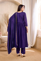 Women Vichitra Silk Angrakha Kurta Set | Embroidered Dupatta & Trouser Festive Wear
