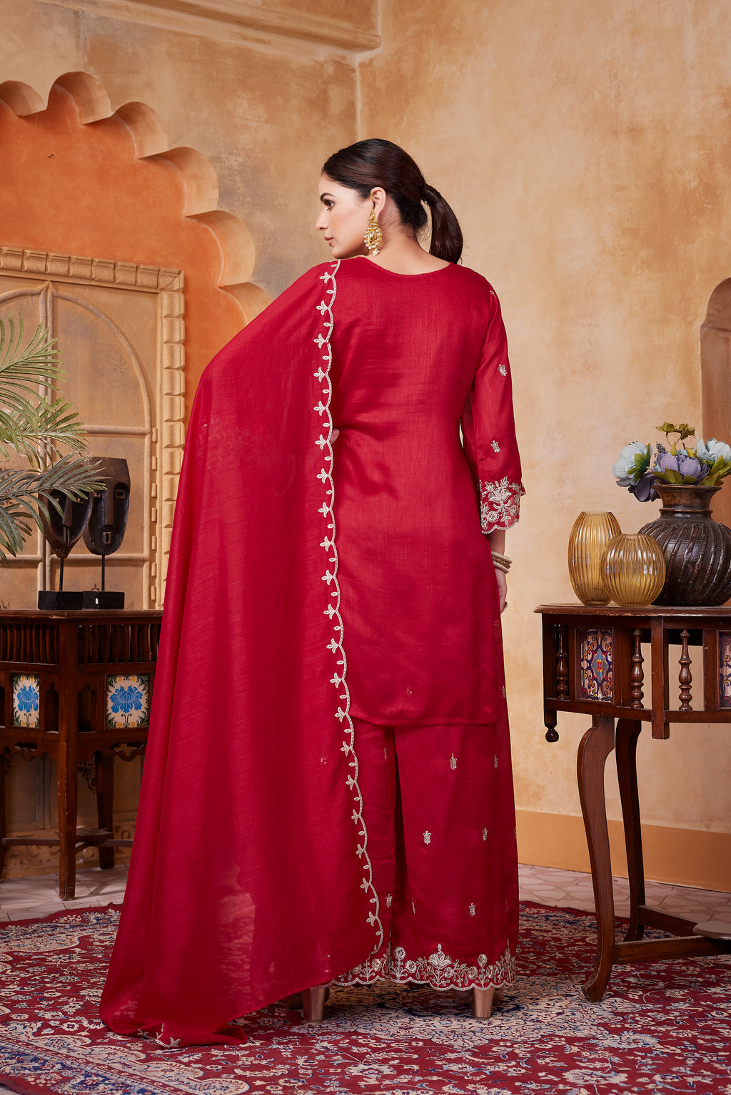 Women Designer Embroidered Kurti Set with Pant and Embroidered Dupatta