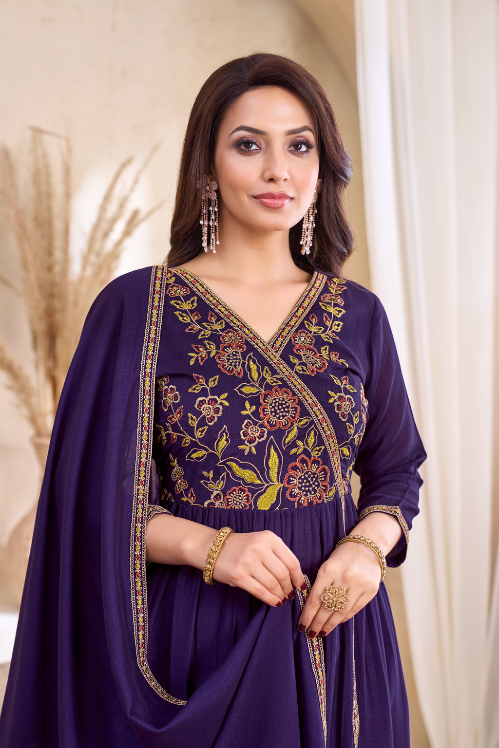 Women Vichitra Silk Angrakha Kurta Set | Embroidered Dupatta & Trouser Festive Wear