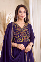 Women Vichitra Silk Angrakha Kurta Set | Embroidered Dupatta & Trouser Festive Wear