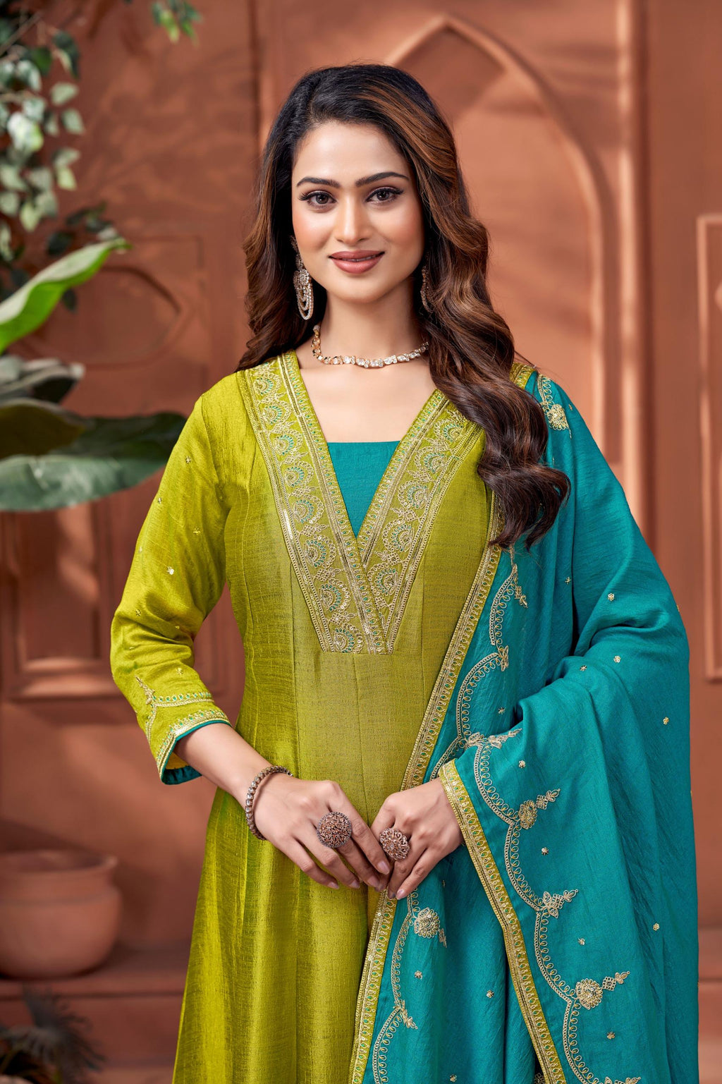 Women Designer Embroidered Anarkali Set with Pant and Printed Dupatta