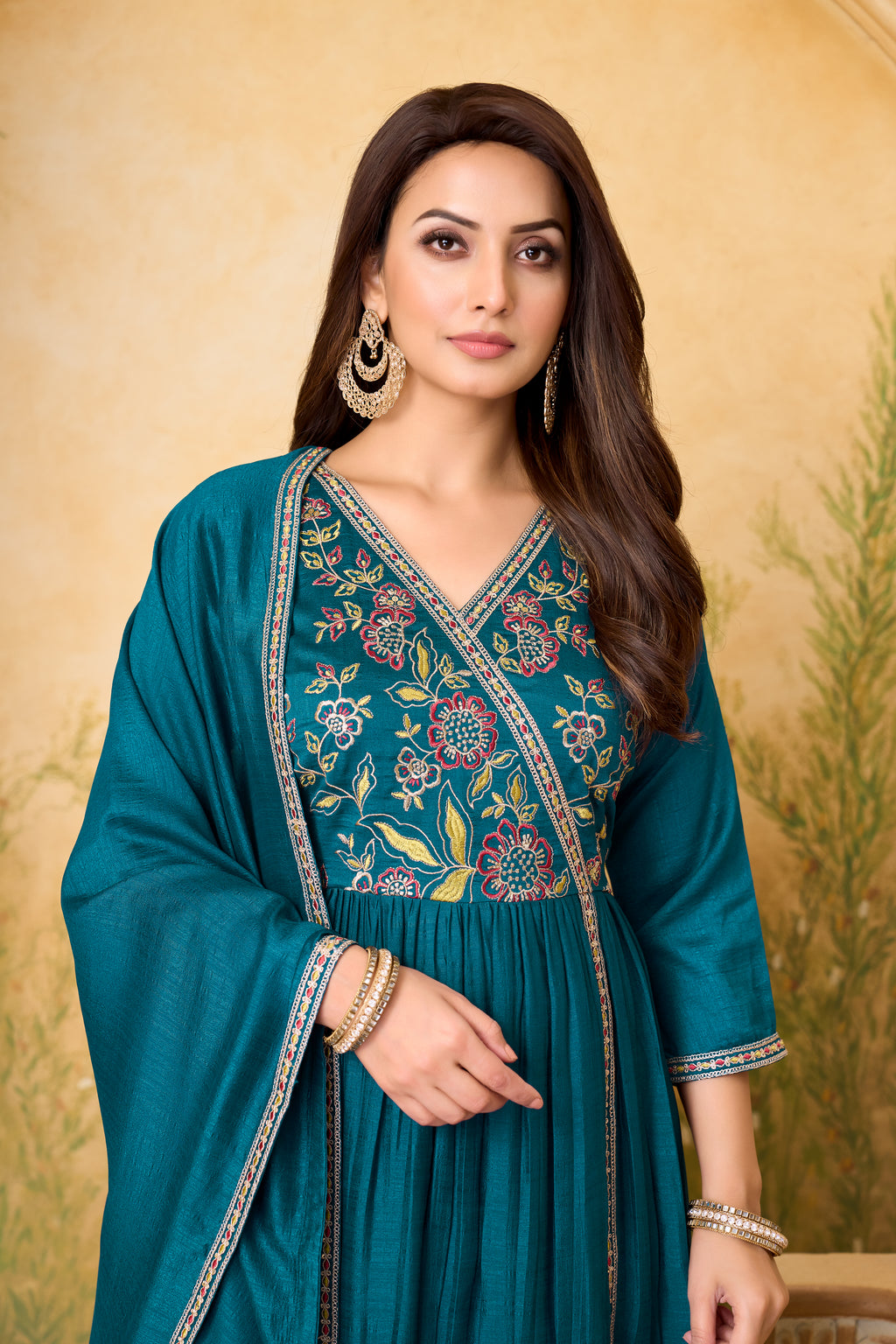 Women Vichitra Silk Angrakha Kurta Set | Embroidered Dupatta & Trouser Festive Wear