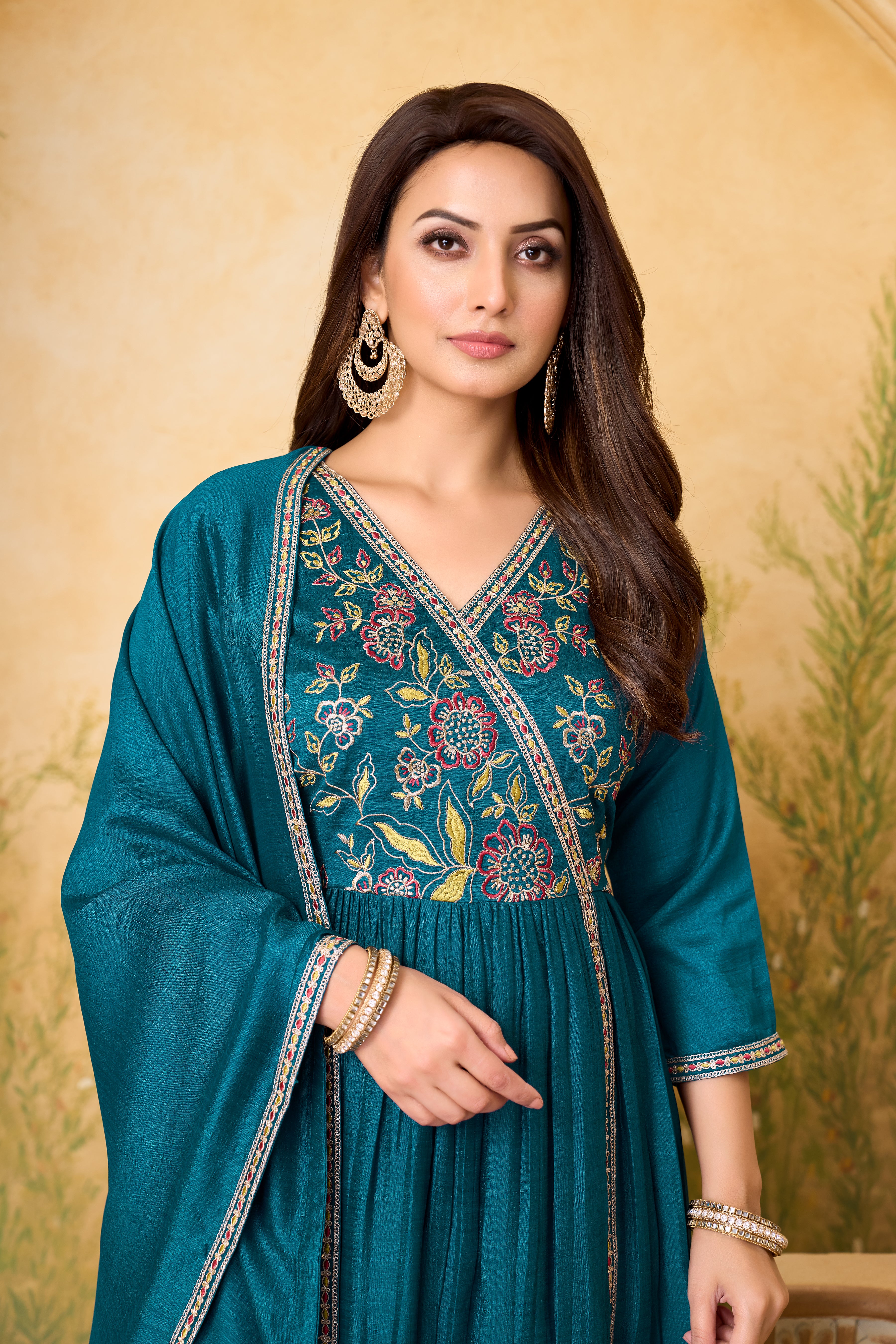 Women Vichitra Silk Angrakha Kurta Set | Embroidered Dupatta & Trouser Festive Wear
