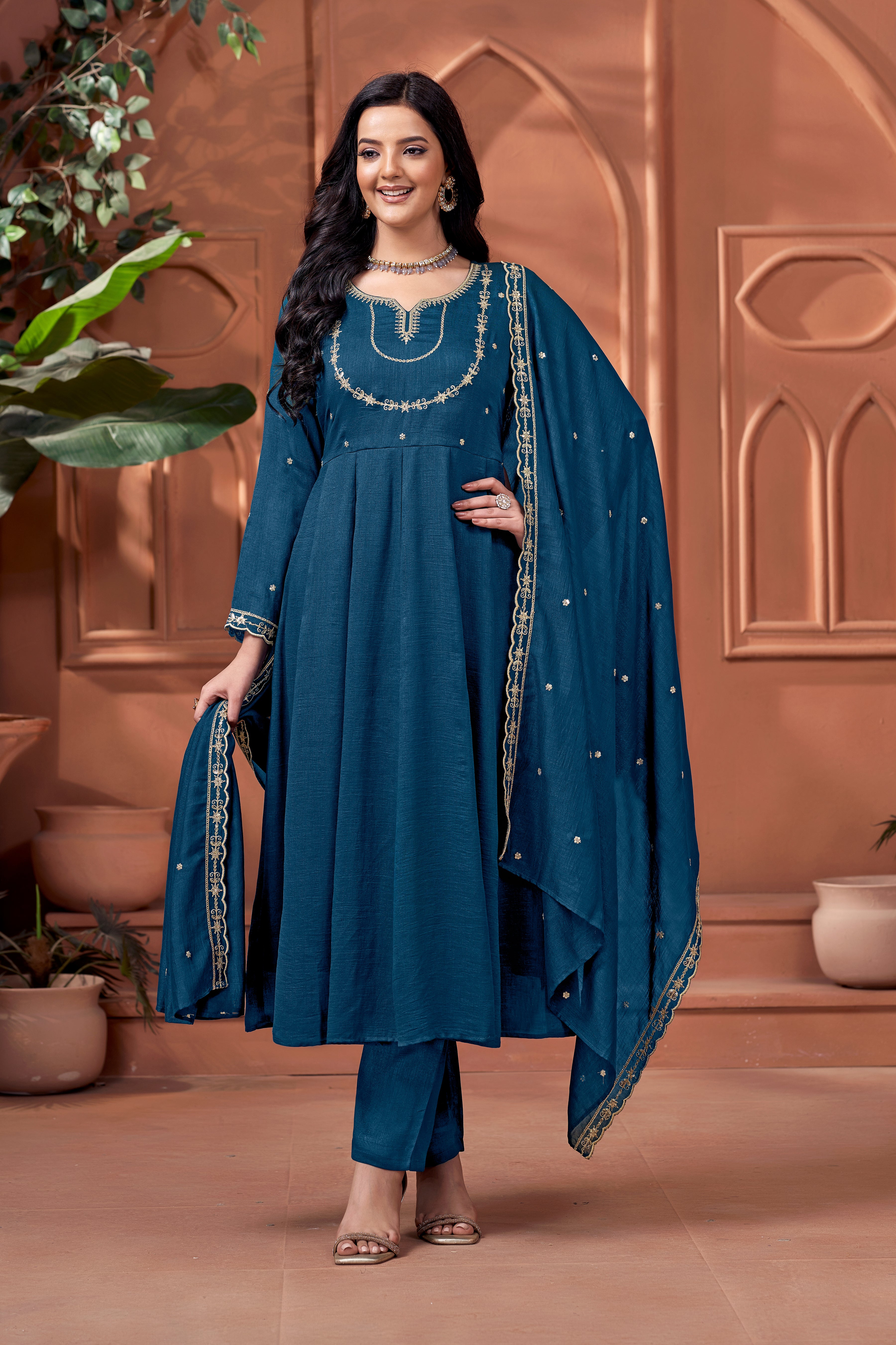 Women Ethnic Motifs Embroidered Panelled Thread Work Kurta with Trousers & With Dupatta