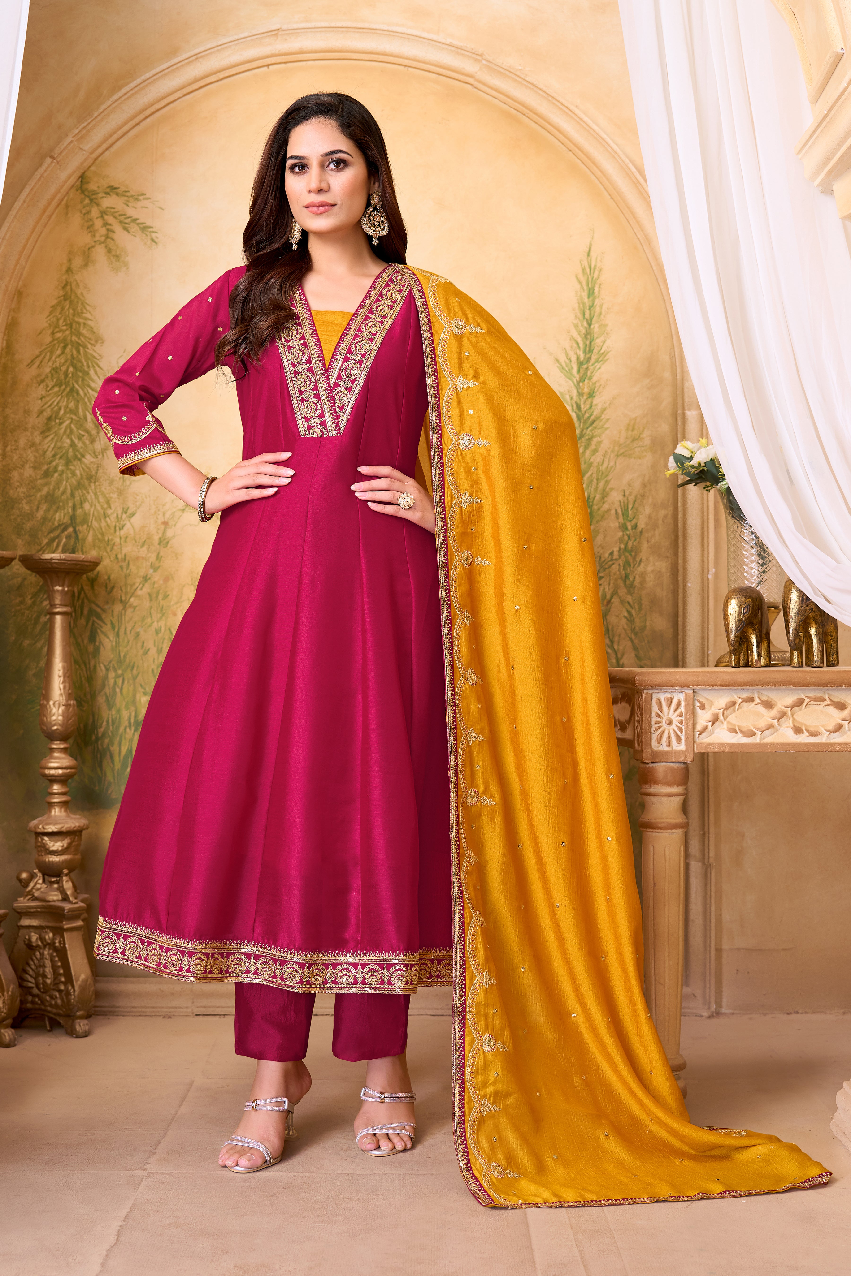 Women Designer Embroidered Anarkali Set with Pant and Printed Dupatta