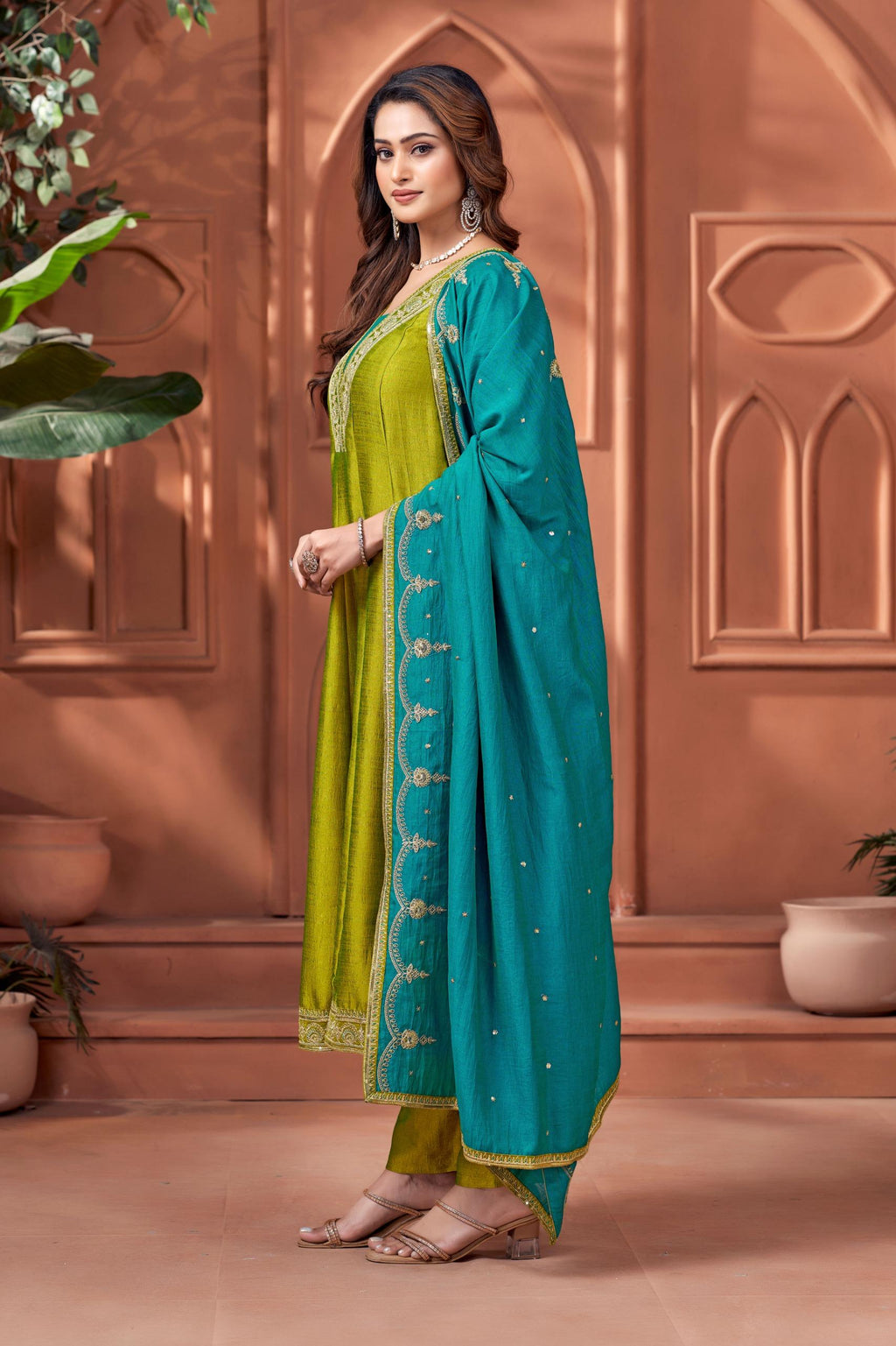 Women Designer Embroidered Anarkali Set with Pant and Printed Dupatta