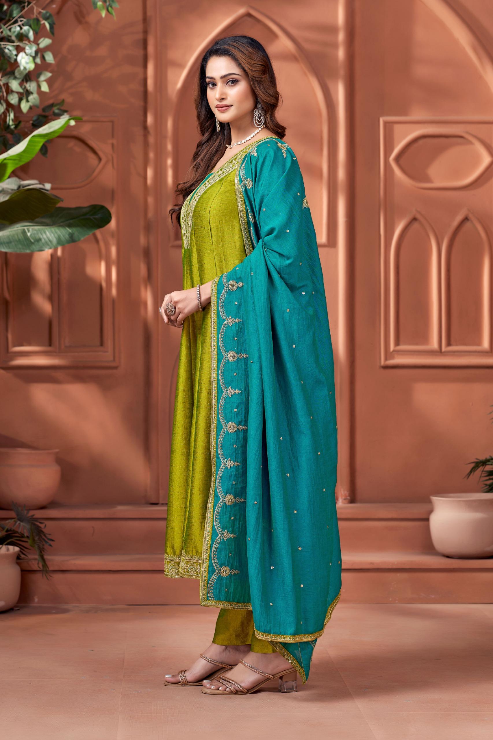 Women Designer Embroidered Anarkali Set with Pant and Printed Dupatta