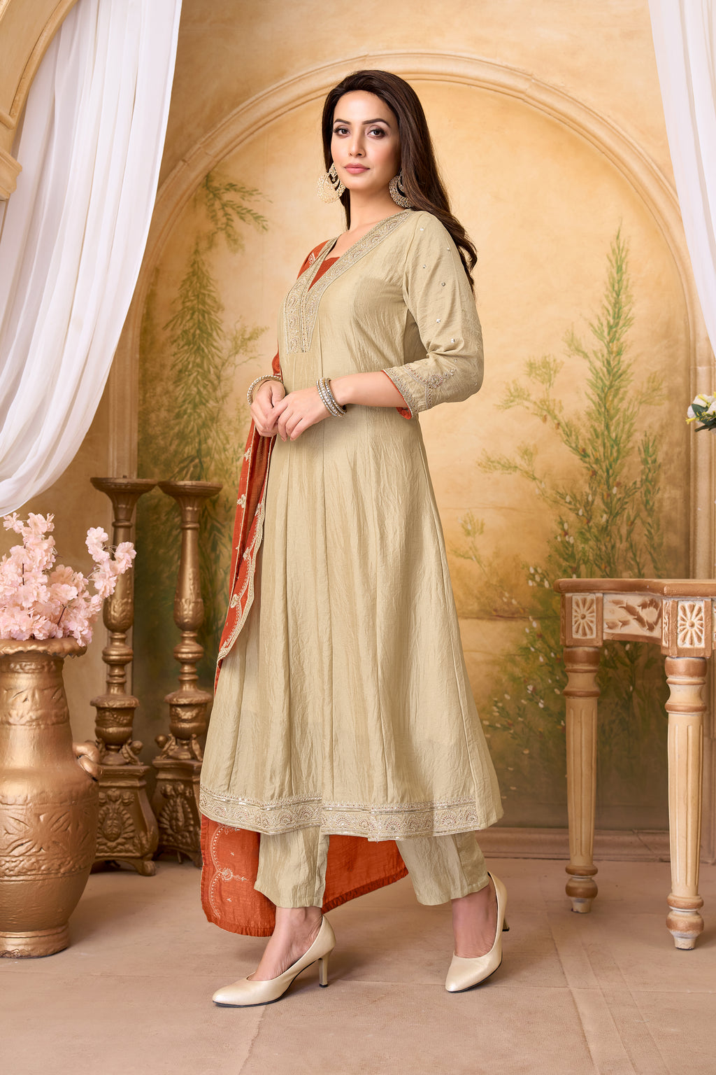 Women Designer Embroidered Anarkali Set with Pant and Printed Dupatta