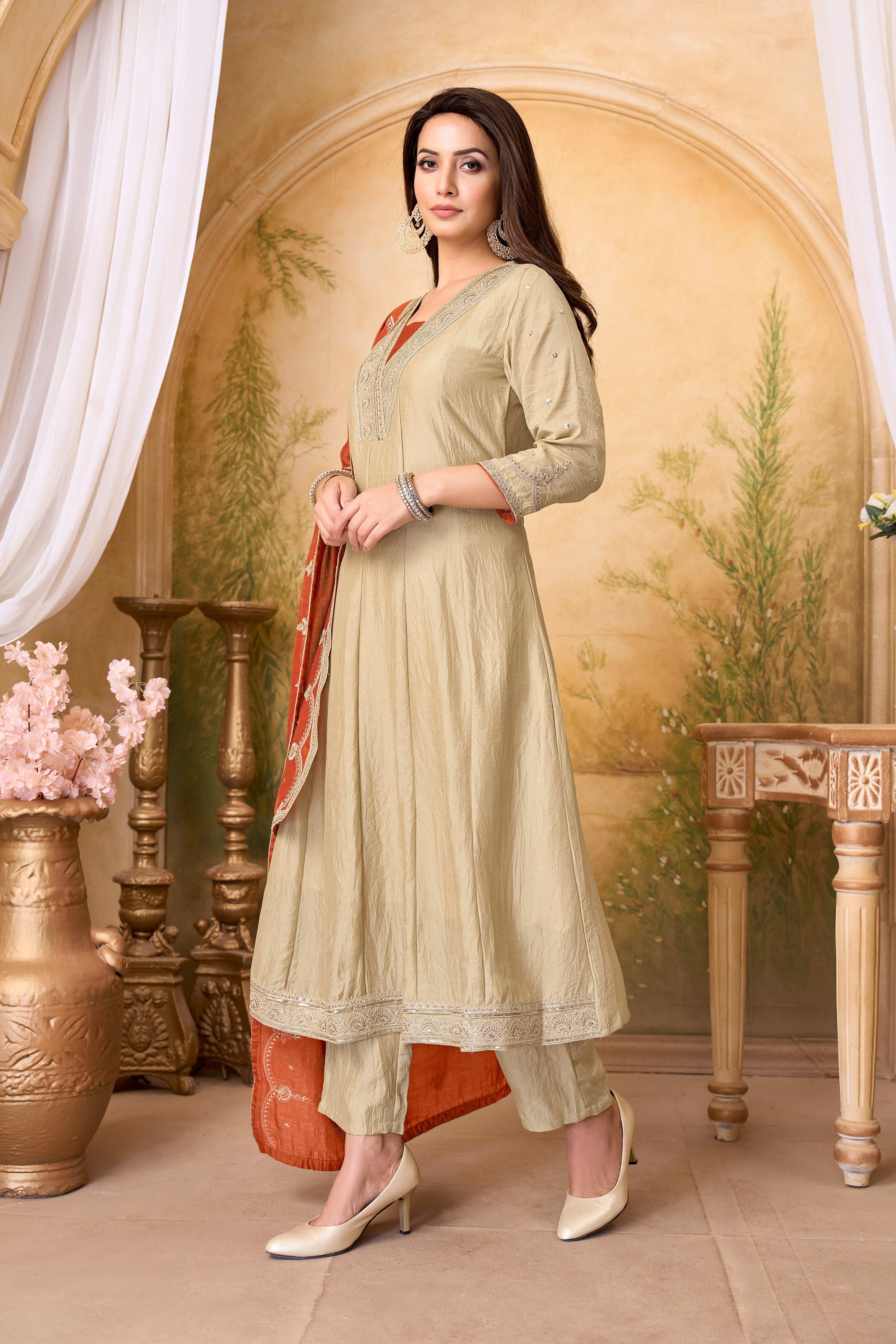 Women Designer Embroidered Anarkali Set with Pant and Printed Dupatta