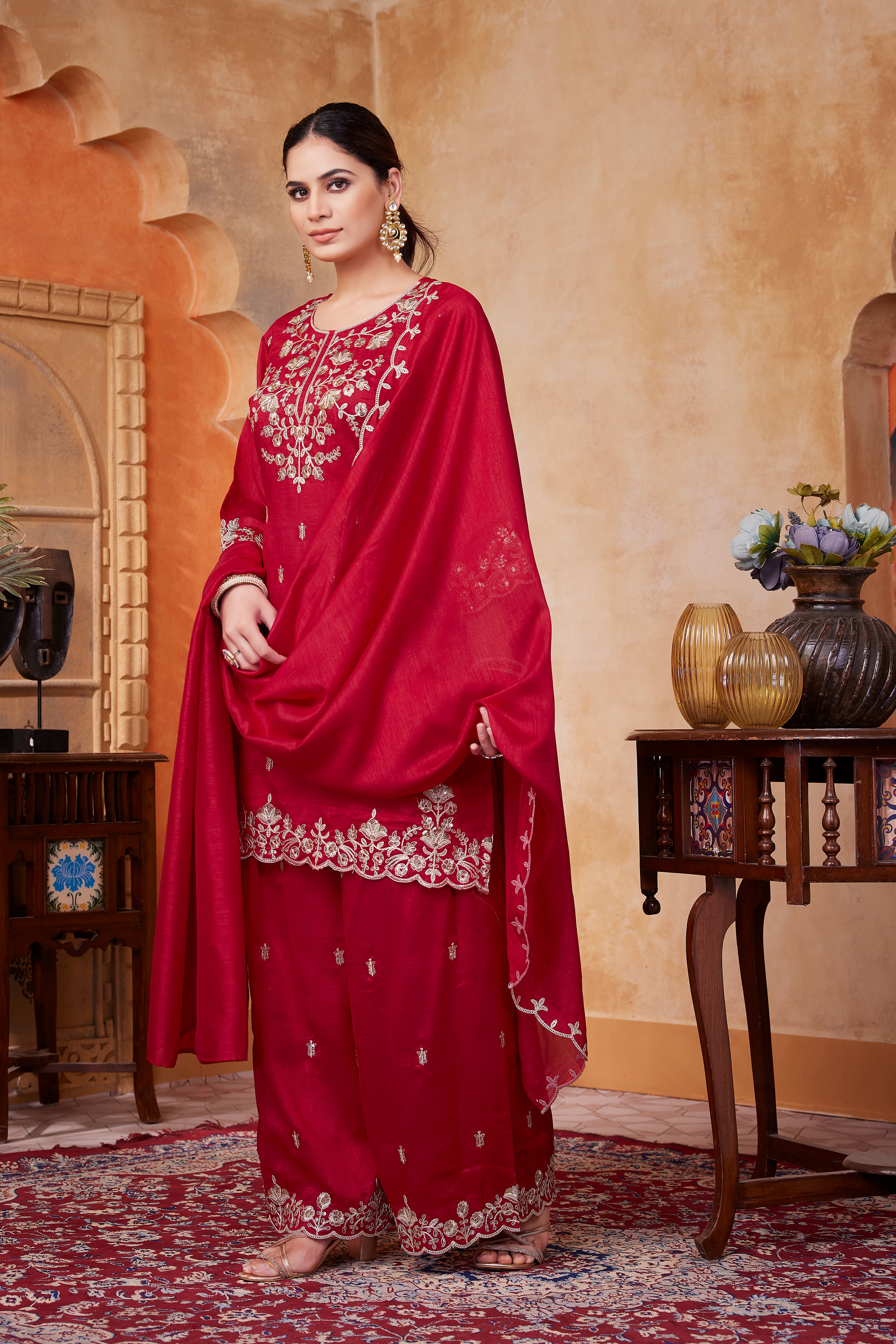 Women Designer Embroidered Kurti Set with Pant and Embroidered Dupatta