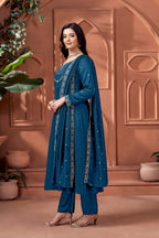 Women Ethnic Motifs Embroidered Panelled Thread Work Kurta with Trousers & With Dupatta