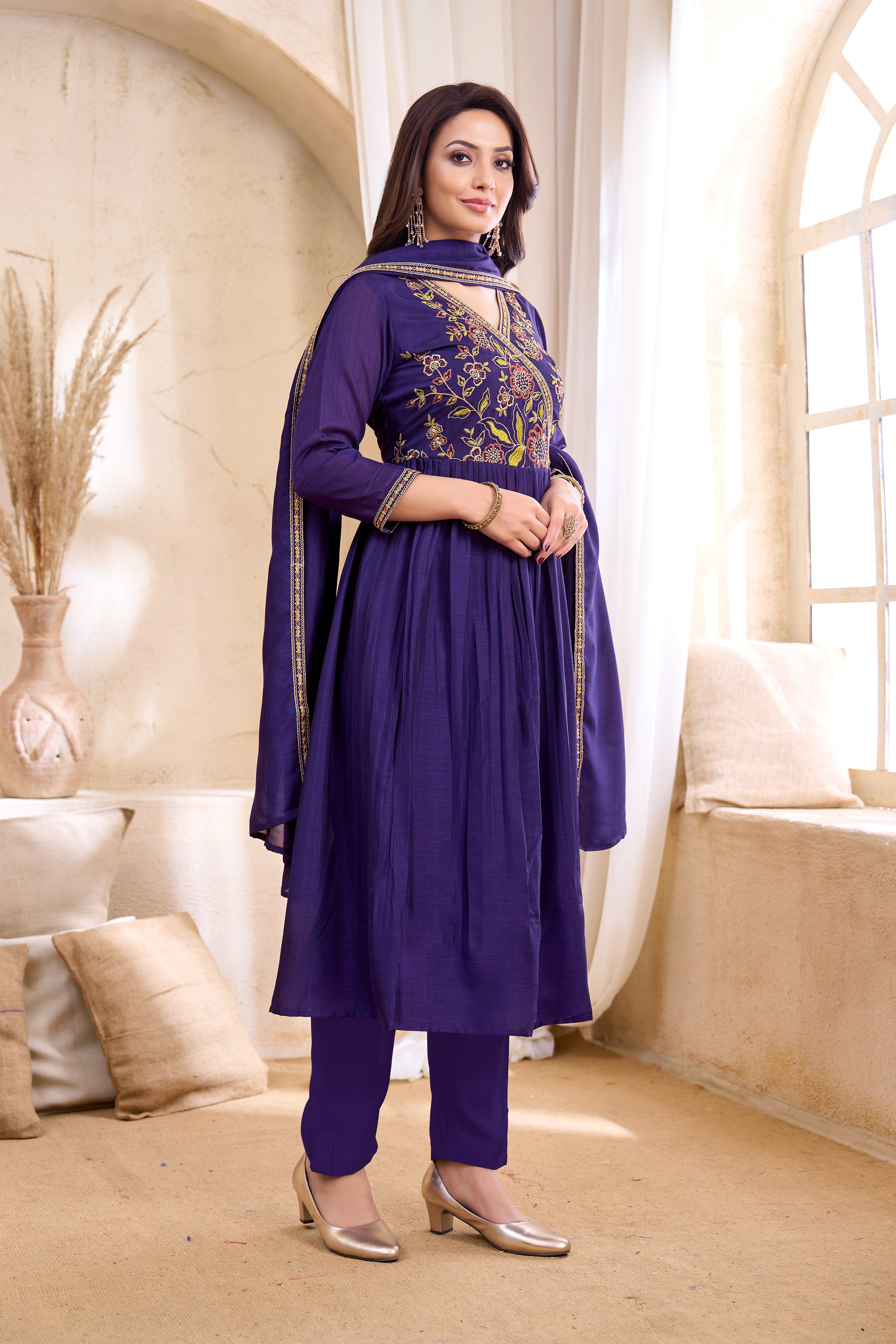 Women Vichitra Silk Angrakha Kurta Set | Embroidered Dupatta & Trouser Festive Wear