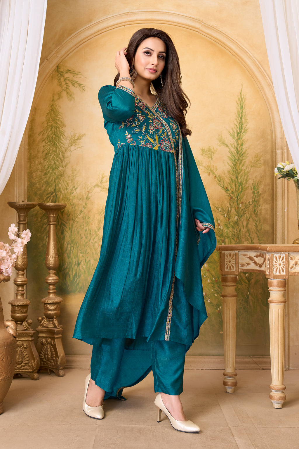 Women Vichitra Silk Angrakha Kurta Set | Embroidered Dupatta & Trouser Festive Wear