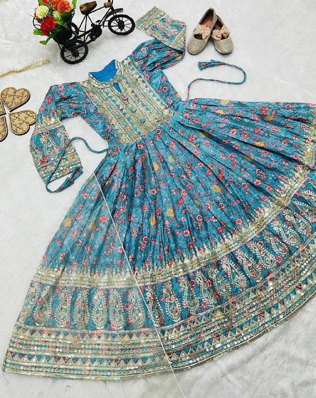 Girls Chinon Silk Digital Print Gown with Dupatta