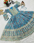 Girls Chinon Silk Digital Print Gown with Dupatta