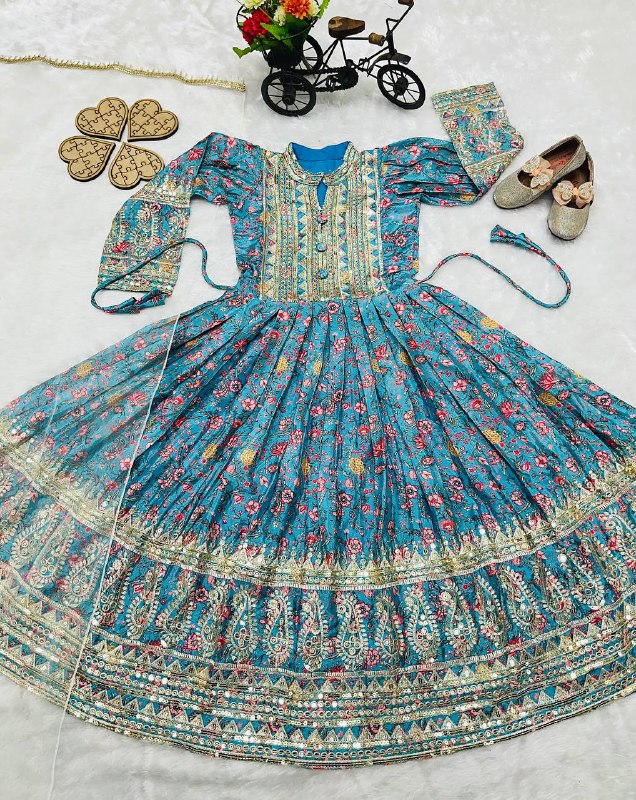 Girls Chinon Silk Digital Print Gown with Dupatta