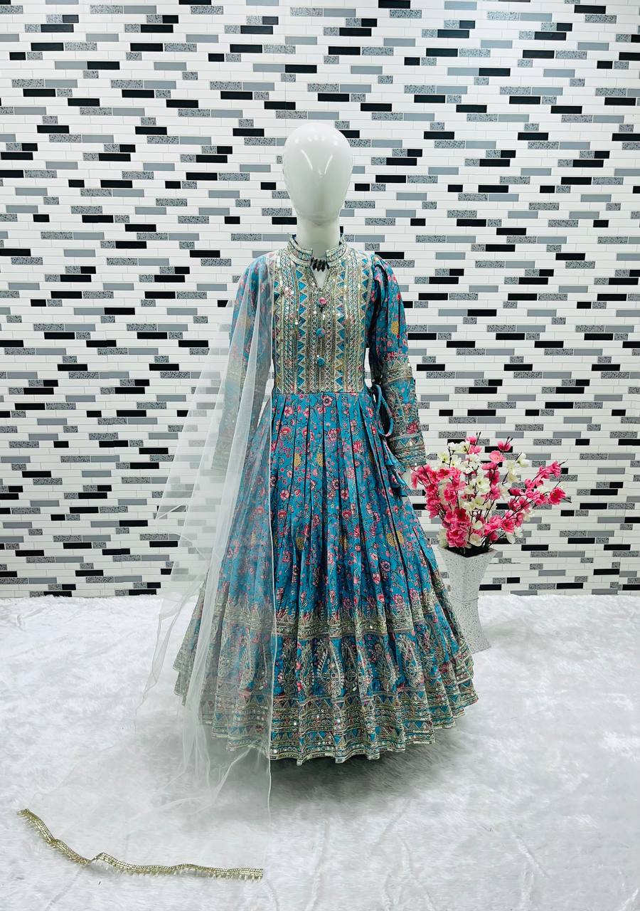 Girls Chinon Silk Digital Print Gown with Dupatta