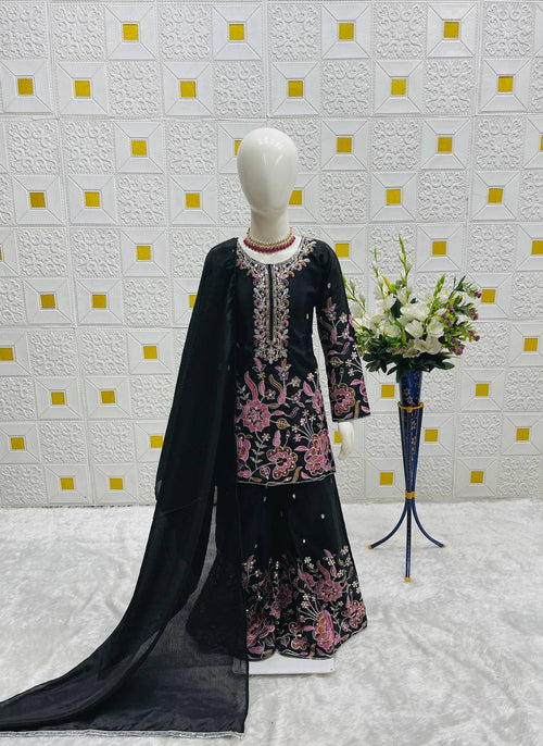 Girls Designer Chinon Silk Sharara Set with Dupatta – Embroidered Party Wear