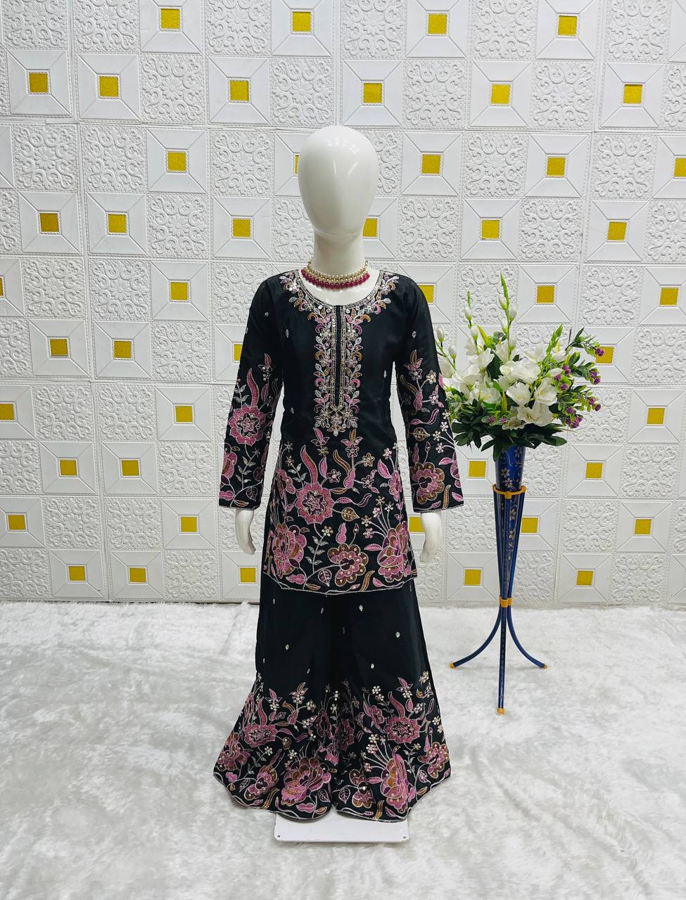 Girls Designer Chinon Silk Sharara Set with Dupatta – Embroidered Party Wear