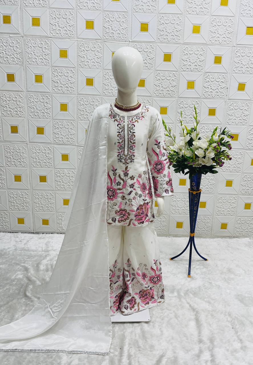 Girls Designer Chinon Silk Sharara Set with Dupatta – Embroidered Party Wear