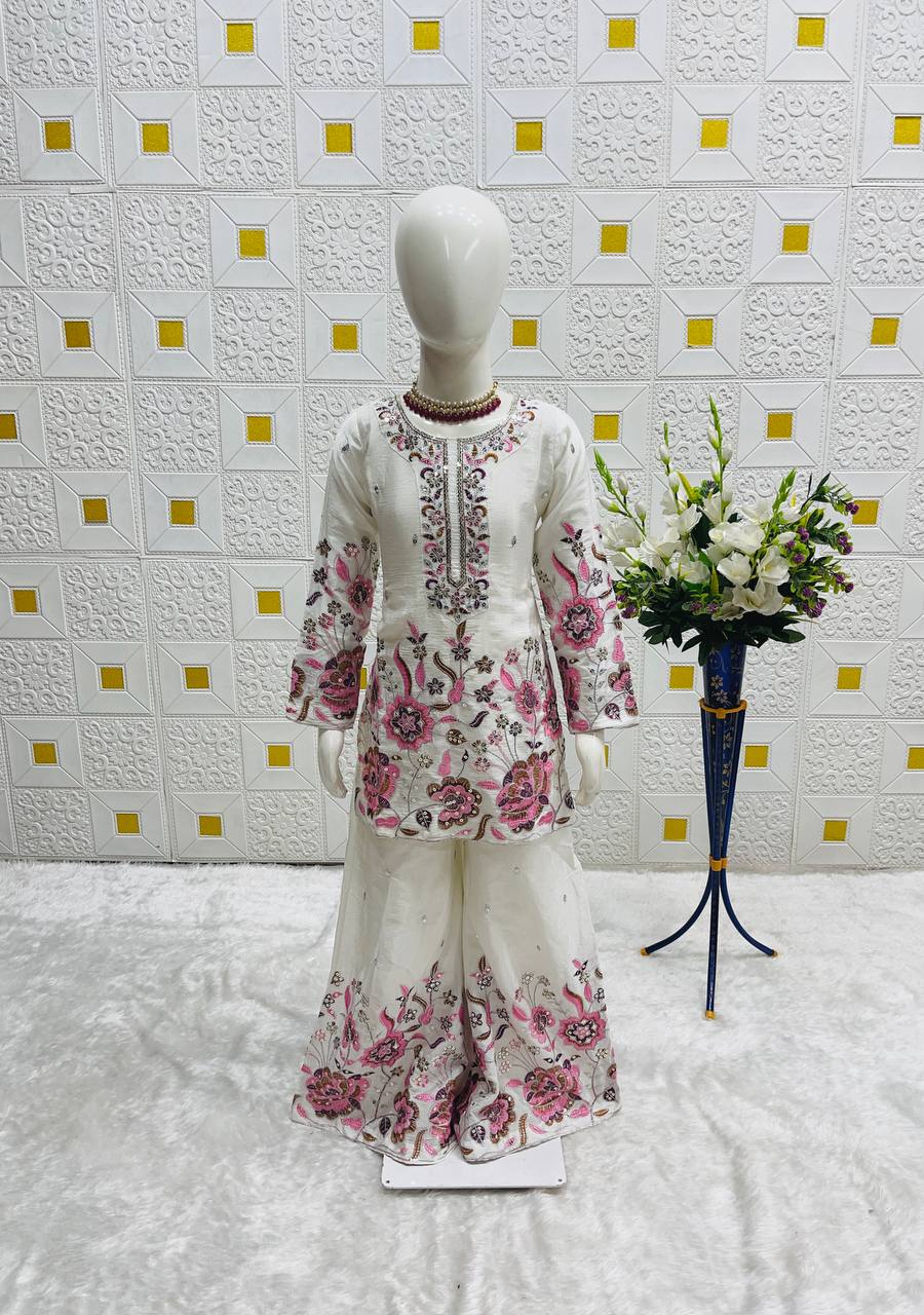 Girls Designer Chinon Silk Sharara Set with Dupatta – Embroidered Party Wear
