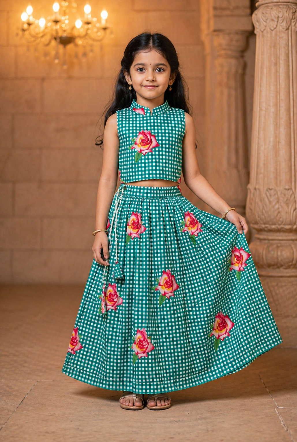 Girls Rose Bloom Muslin Lehenga Choli Set | Festive & Party Wear