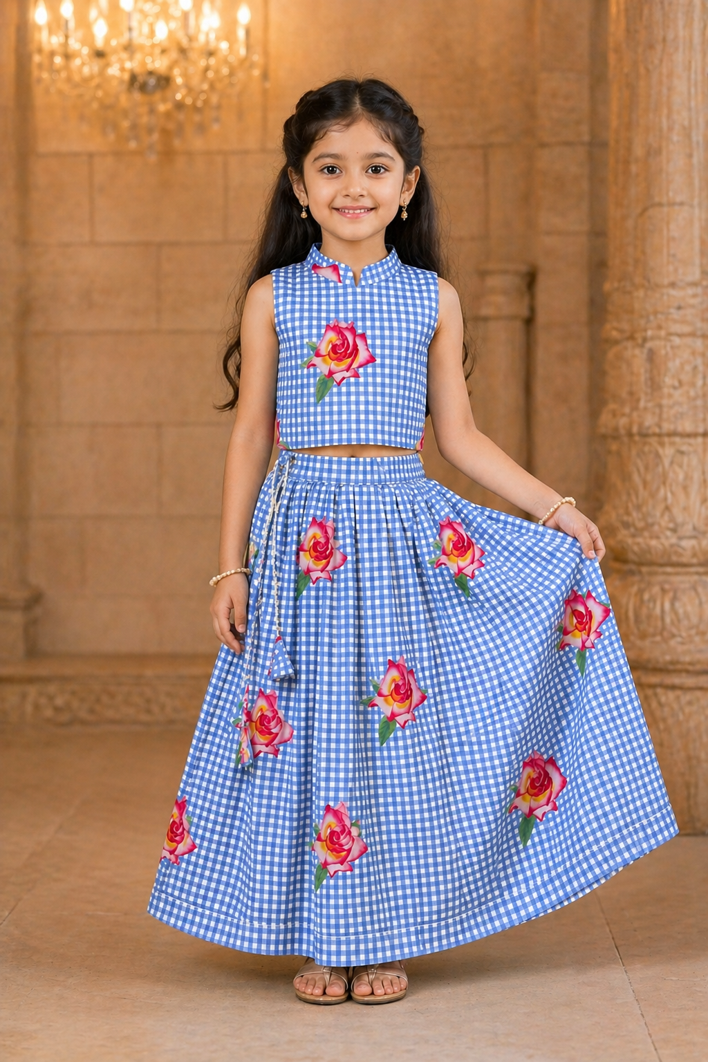 Girls Rose Bloom Muslin Lehenga Choli Set | Festive & Party Wear