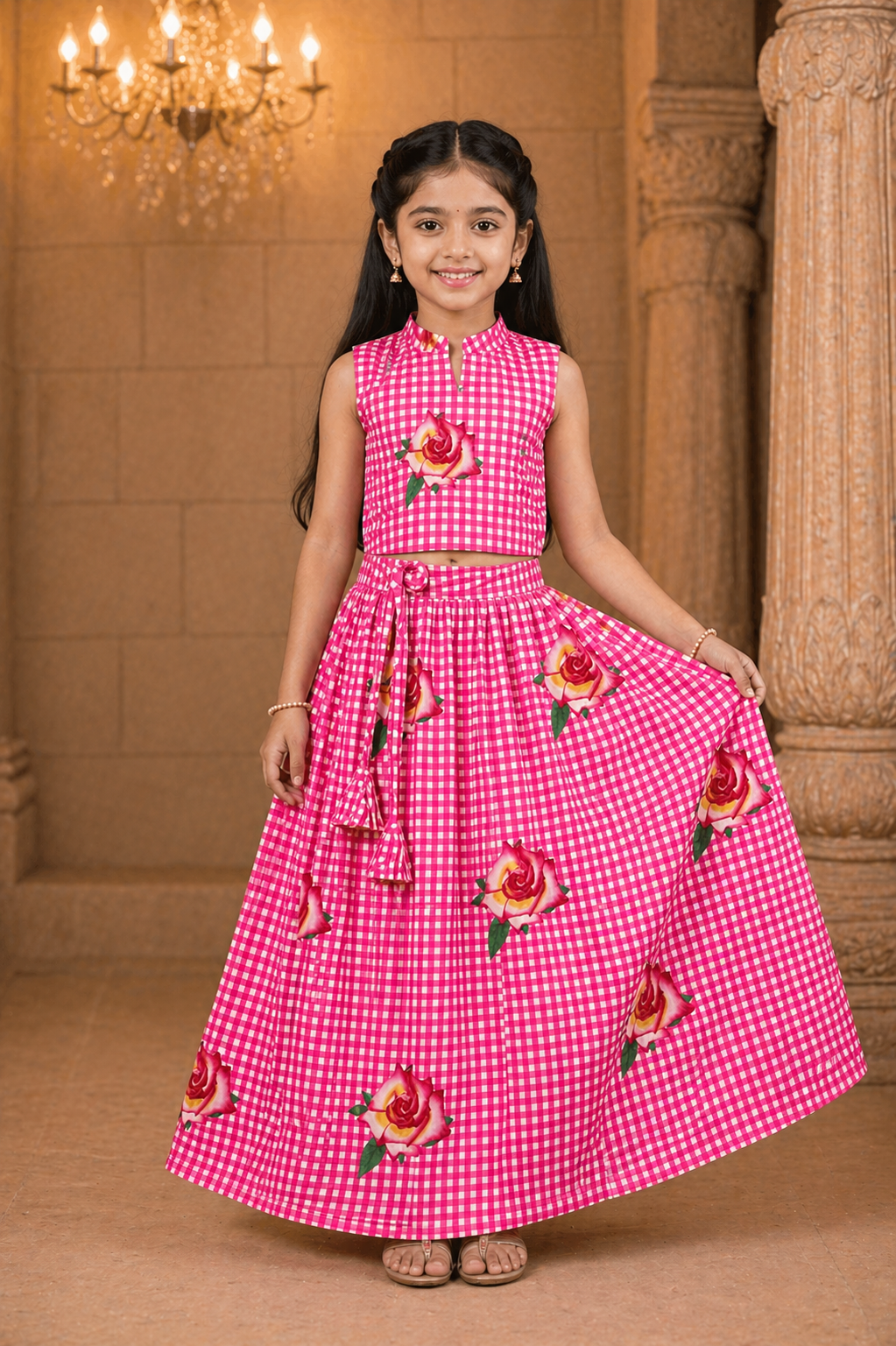 Girls Rose Bloom Muslin Lehenga Choli Set | Festive & Party Wear