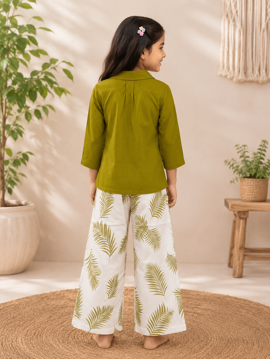 Mul Chanderi Shirt with Printed Wide-Leg Pants for Kids Girls