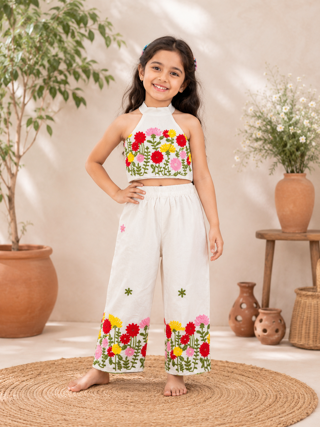 Girls Blossom Bloom Embroidered  Kora Cotton Co-Ord Set