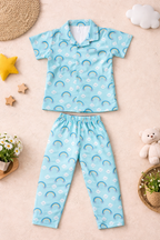 Kids Girls Cord Set Night Suit | Blue Rainbow Print Cotton Pajama Set
