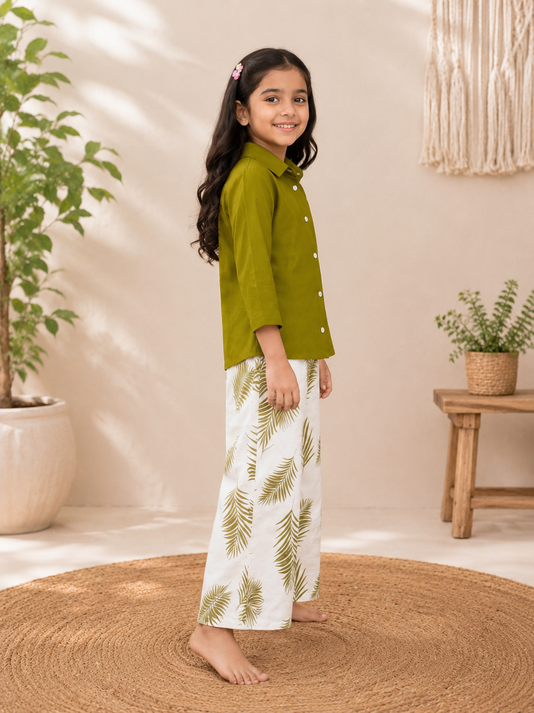 Mul Chanderi Shirt with Printed Wide-Leg Pants for Kids Girls