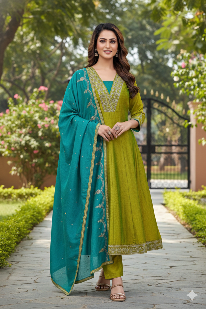 Women Designer Embroidered Anarkali Set with Pant and Printed Dupatta