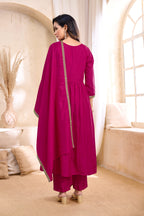 Women Vichitra Silk Angrakha Kurta Set | Embroidered Dupatta & Trouser Festive Wear