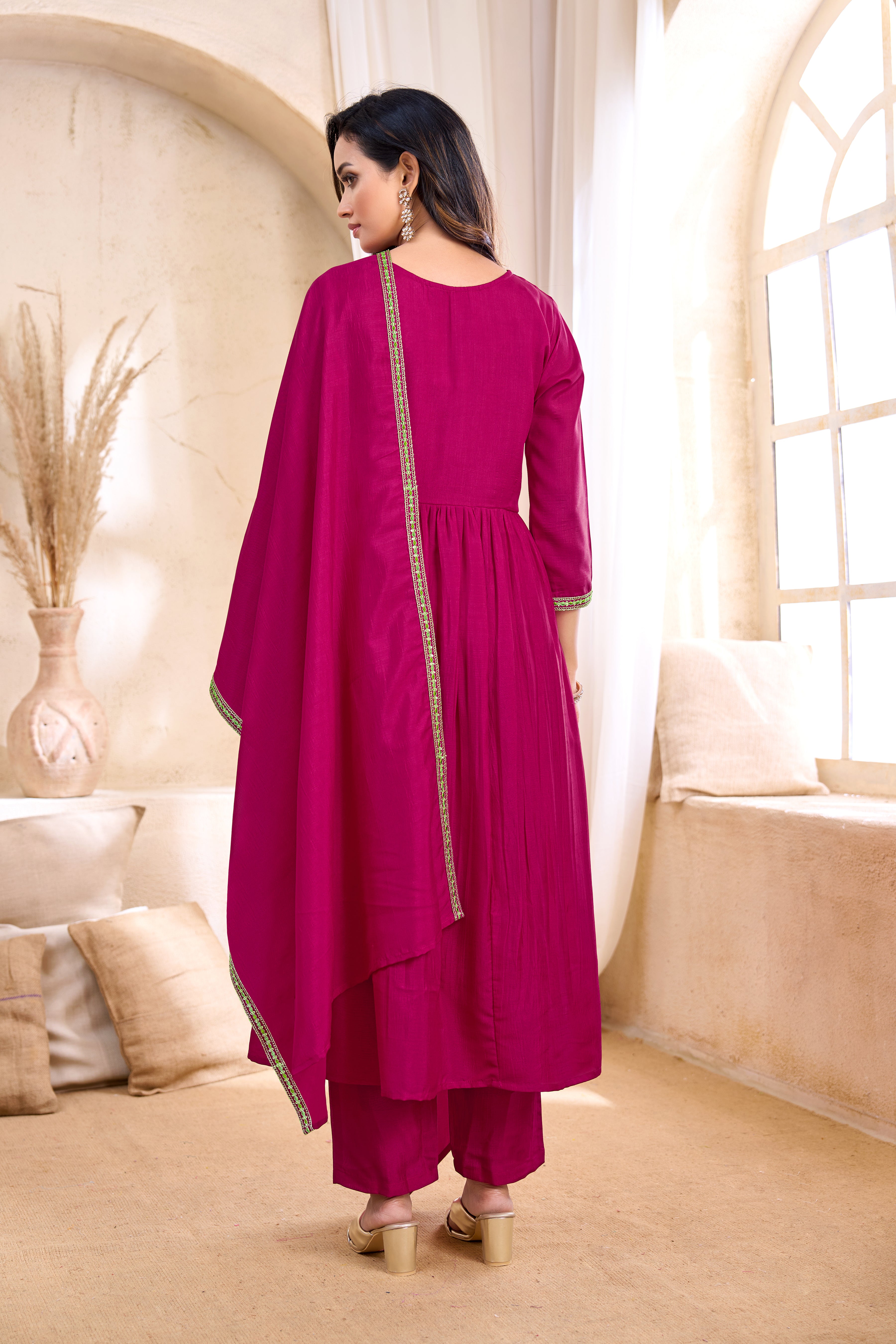 Women Vichitra Silk Angrakha Kurta Set | Embroidered Dupatta & Trouser Festive Wear