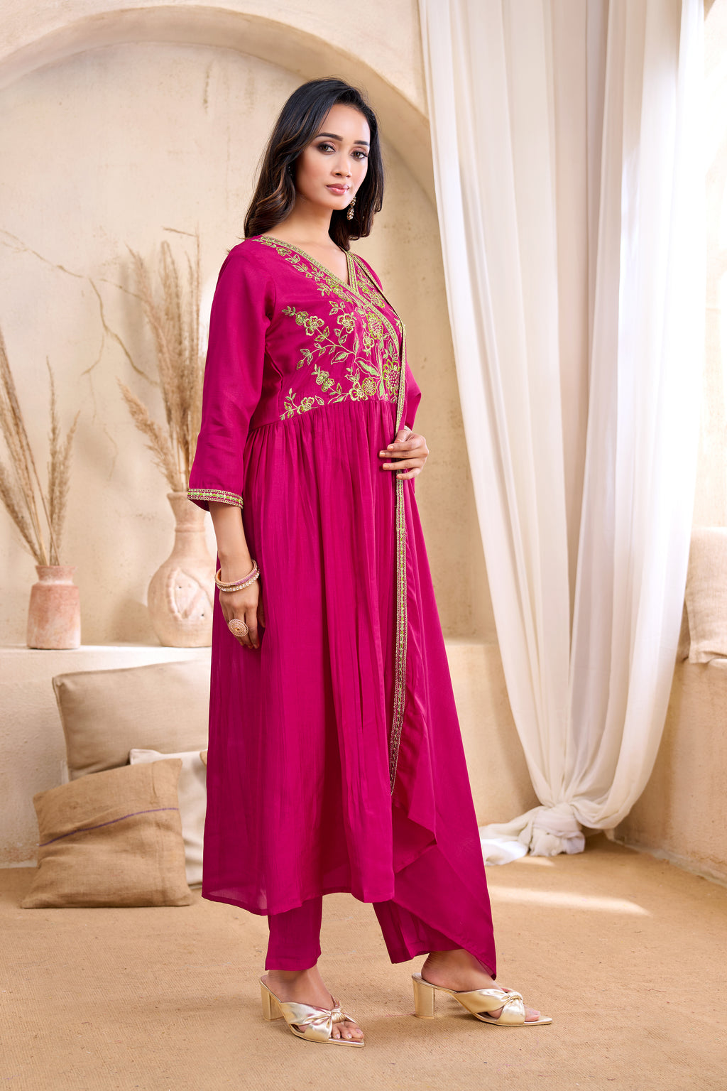 Women Vichitra Silk Angrakha Kurta Set | Embroidered Dupatta & Trouser Festive Wear