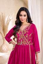 Women Vichitra Silk Angrakha Kurta Set | Embroidered Dupatta & Trouser Festive Wear