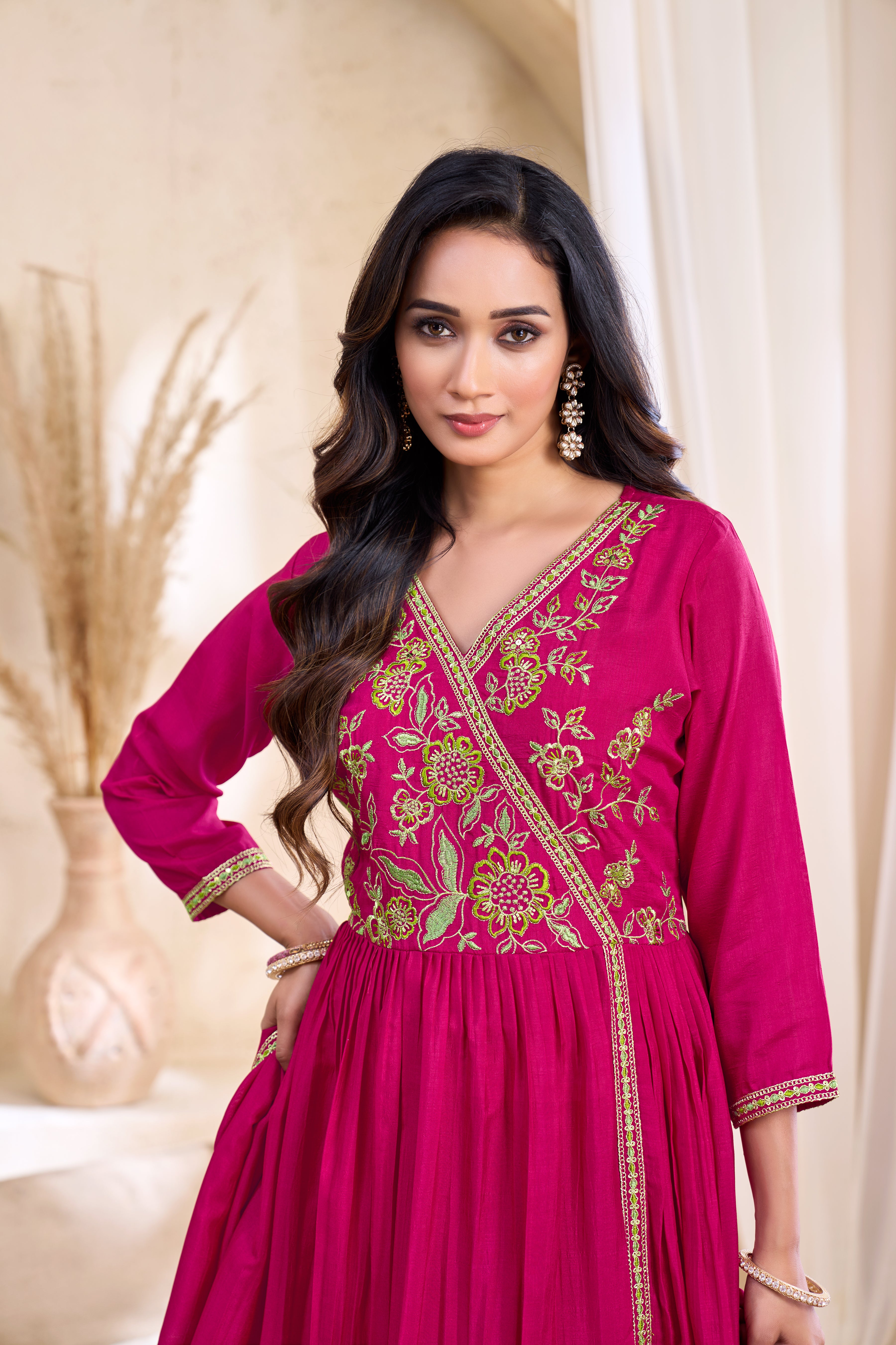 Women Vichitra Silk Angrakha Kurta Set | Embroidered Dupatta & Trouser Festive Wear